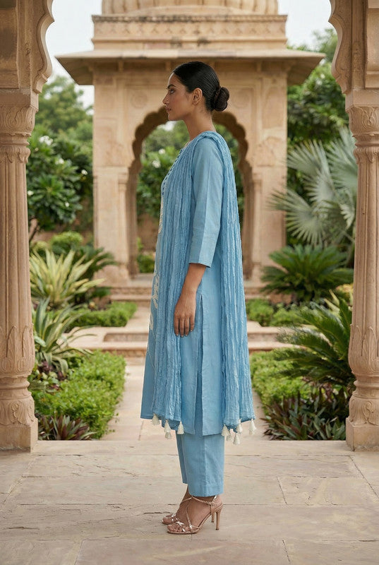 Blue Lotus Placement Embroidered Cotton Kurta Set with Dupatta
