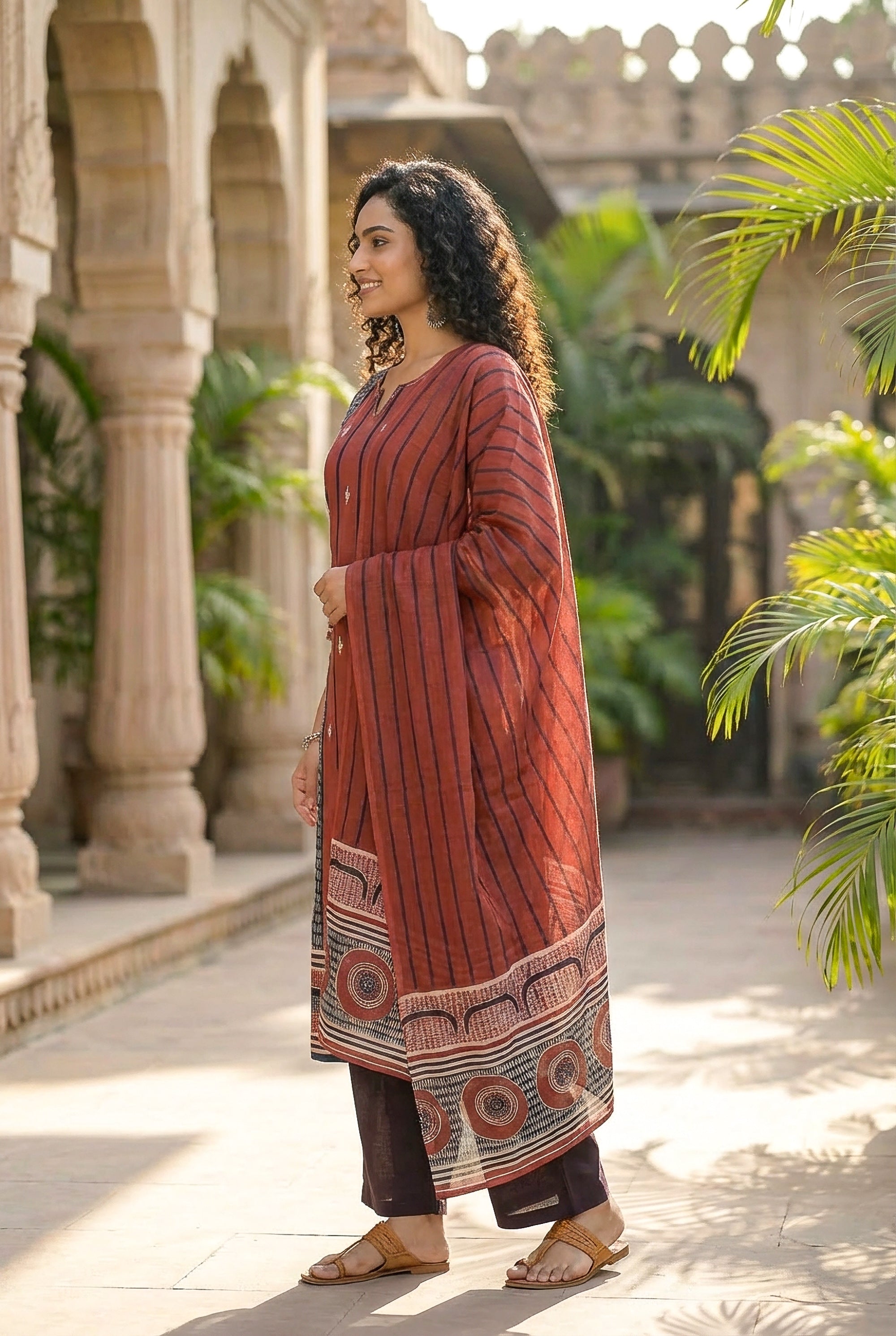 Classic Rust Red Ethnic Motif Printed Kurta Set with Dupatta