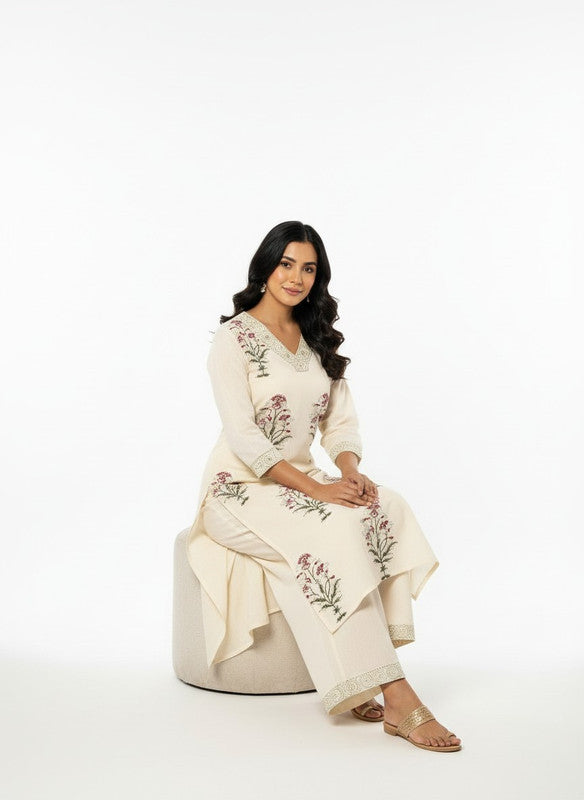 Graceful Ivory Floral Printed Kurta Set with Lace Border Detailing