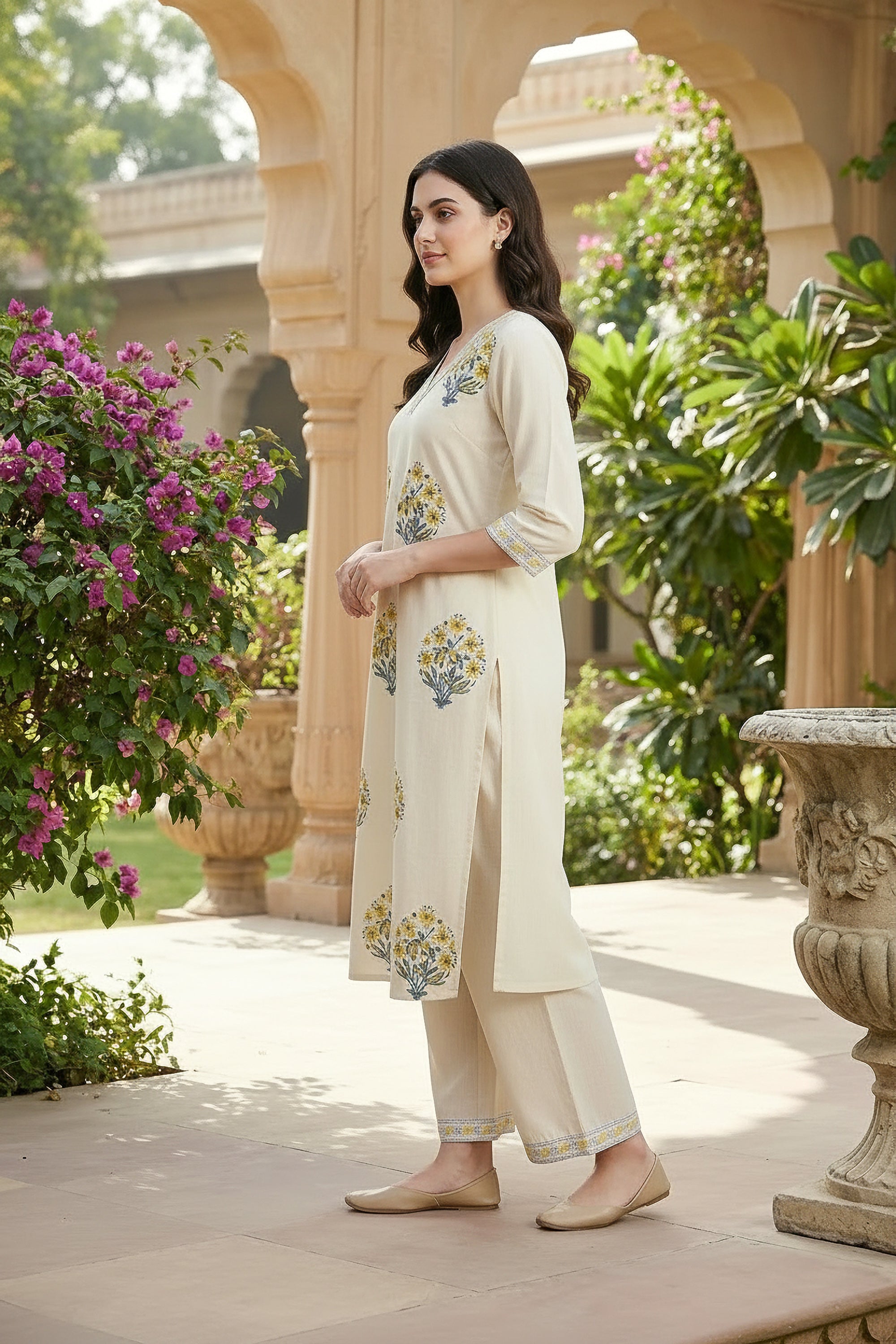 Classic Ivory & Mustard Botanical Printed Kurta Pant Set
