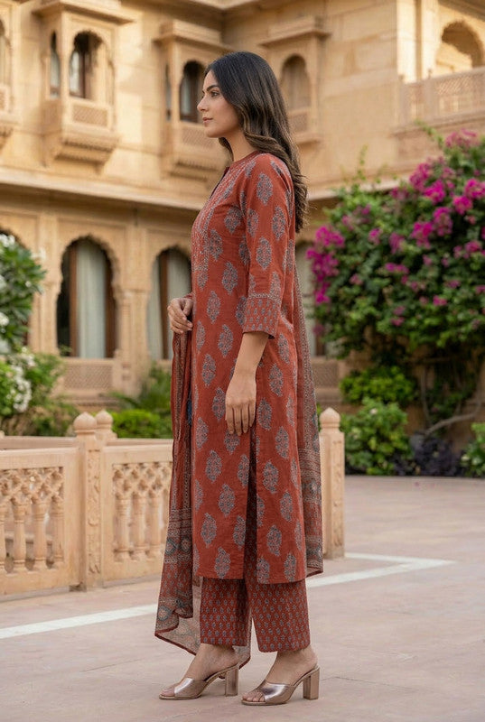 Maroon Traditional Occasionwear Printed Cotton Kurta Set with Dupatta