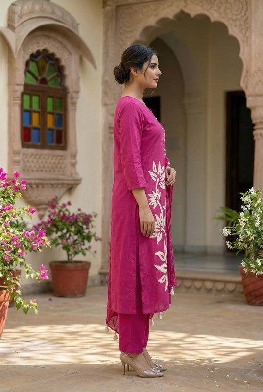 Pink Floral Bloom Embroidered Ethnic Cotton Kurta Set with Dupatta