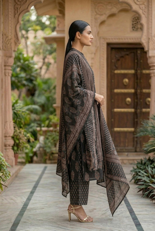 Black Ajrakh Inspired Printed Cotton Kurta Pant Dupatta Set