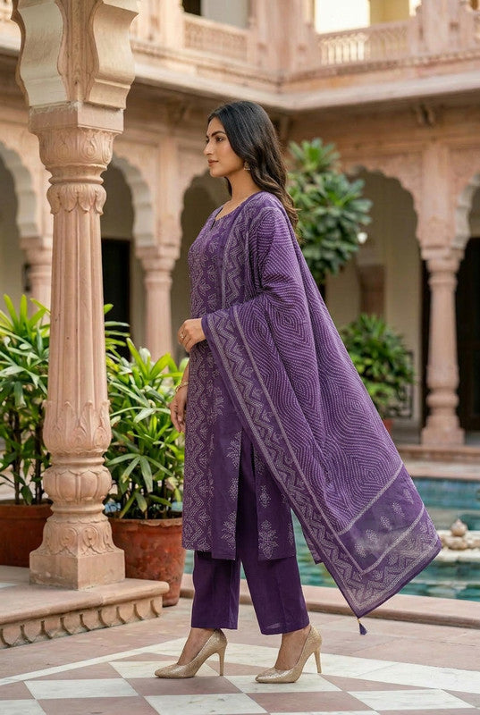 Royal Purple Heritage Printed Cotton Kurta Set with Dupatta