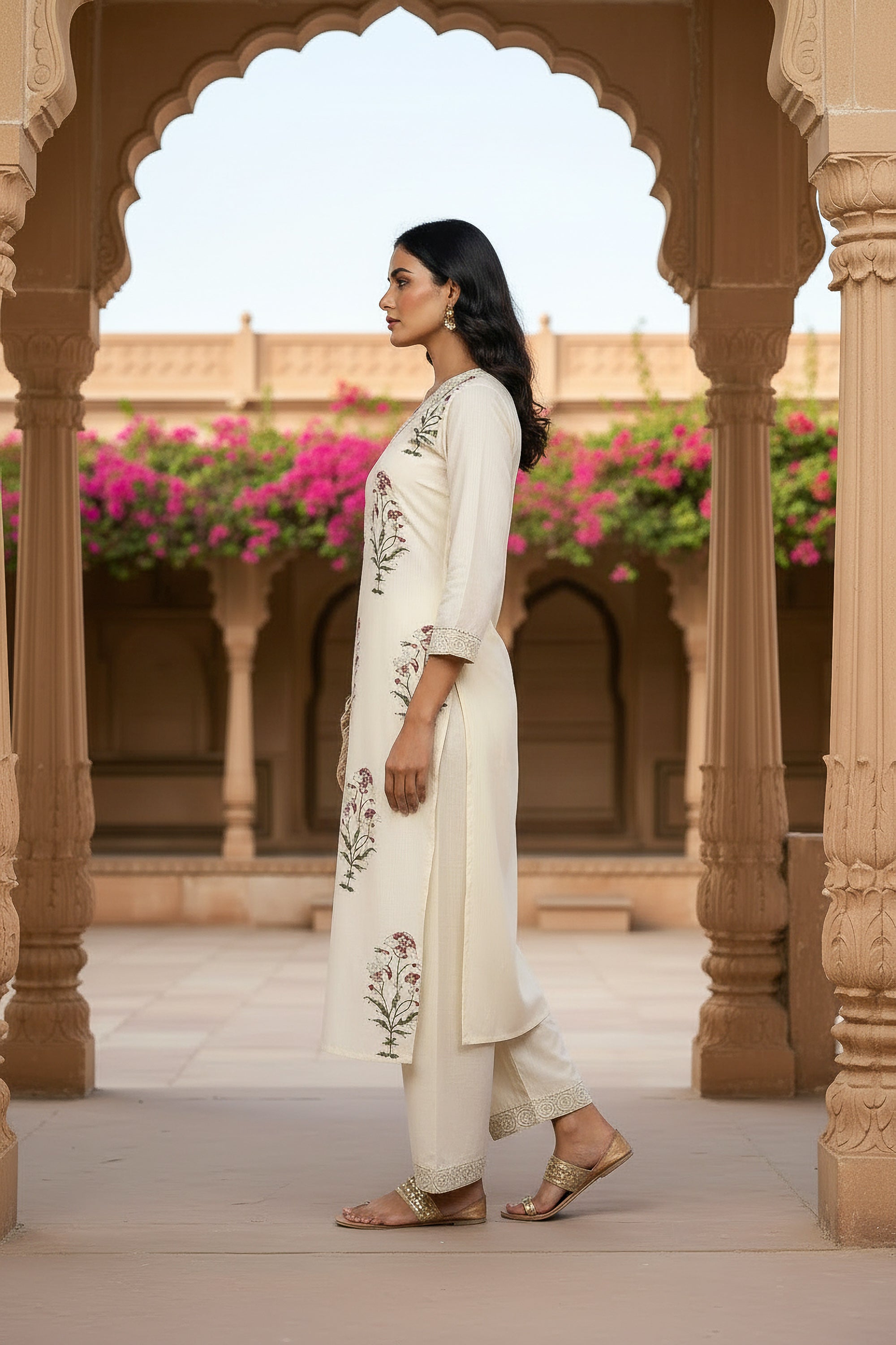 Graceful Ivory Floral Printed Kurta Set with Lace Border Detailing