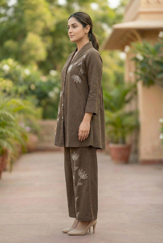 Coffee Brown Embroidered Floral Line Cotton Co-ord Set