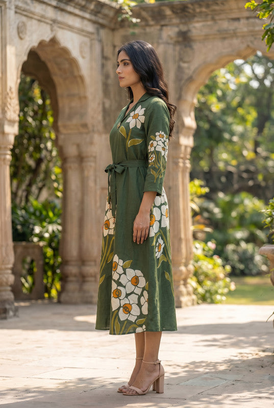 Forest Green Floral Cotton Printed A-Line Dress with Tie-Up Waist