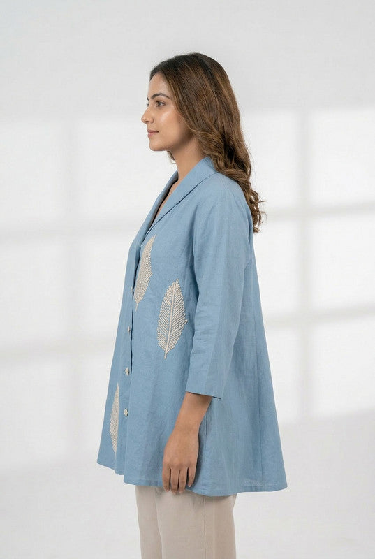 Blue Leaf Motif Embroidered Cotton Flex Relaxed Fit Shirt Style Top