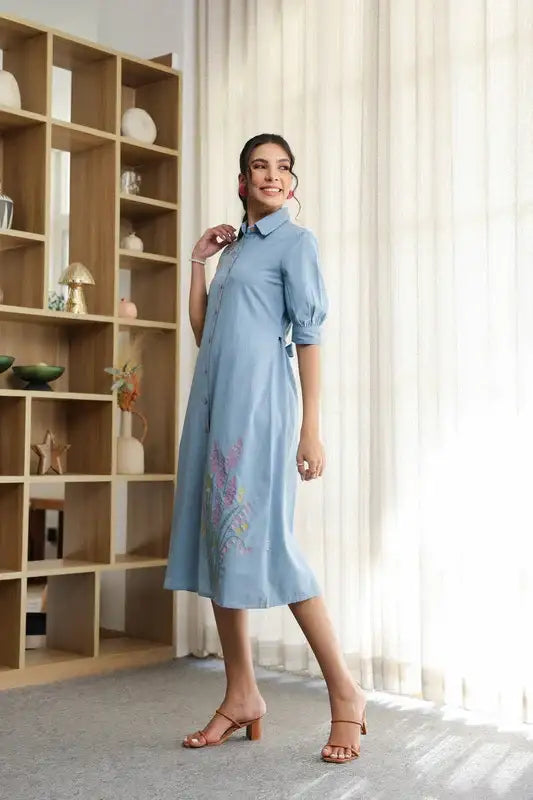Sky Weave Embroidery Shirt Cotton Flex Dress