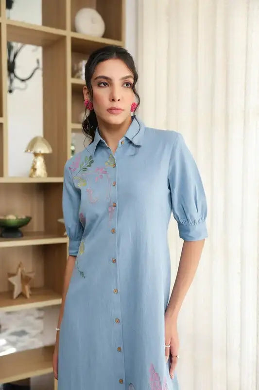 Sky Weave Embroidery Shirt Cotton Flex Dress