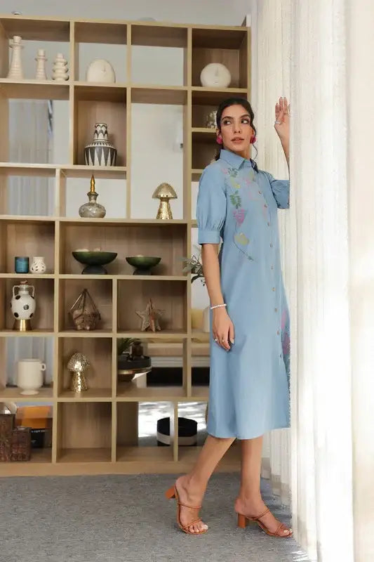 Sky Weave Embroidery Shirt Cotton Flex Dress