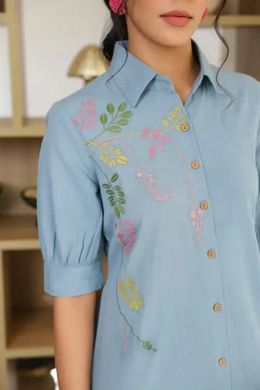 Sky Weave Embroidery Shirt Cotton Flex Dress