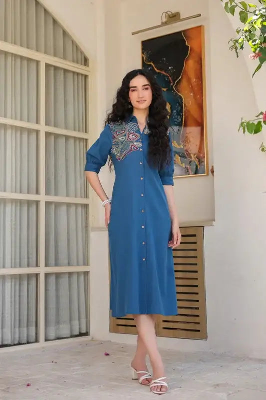 Blue Sand Shirt Dress with Embroidery