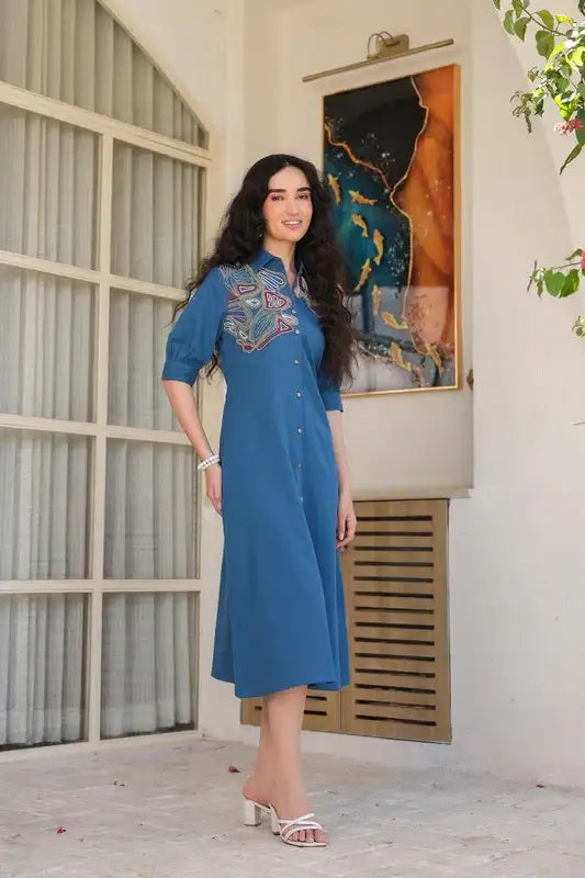 Blue Sand Shirt Dress with Embroidery