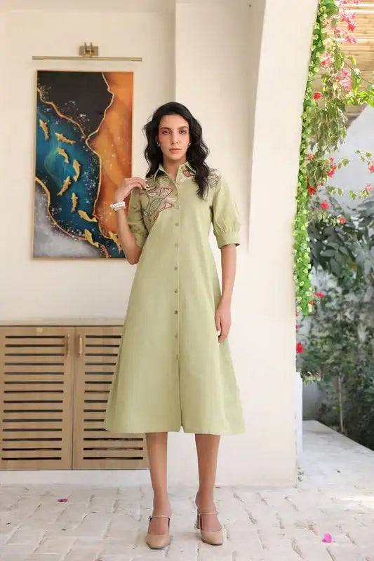 Sage Sand Shirt Dress with Embroidery