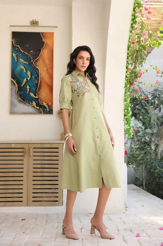 Sage Sand Shirt Dress with Embroidery