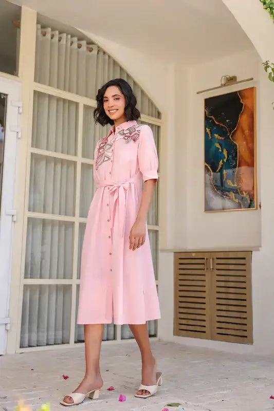 Pink Sand Shirt Dress with Embroidery