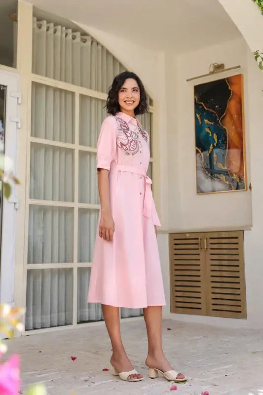 Pink Sand Shirt Dress with Embroidery