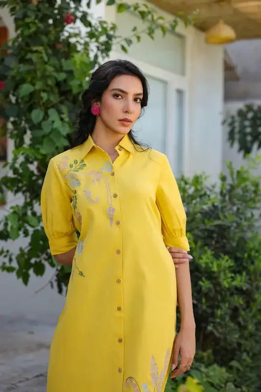 Sunlit Yellow Embroidery Shirt Cotton Flex Dress