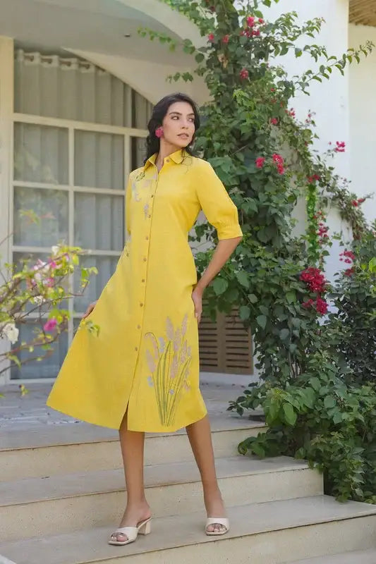 Sunlit Yellow Embroidery Shirt Cotton Flex Dress