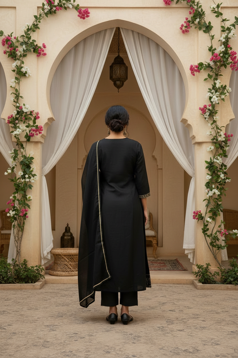 Black Embroidered Anarkali Kurta Pant Set with Dupatta