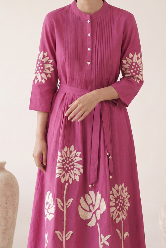 Berry Pink Cotton Floral Embroidered Fit & Flare Dress