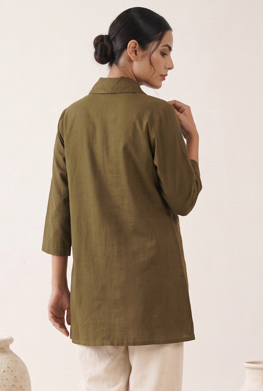 Olive Green Cotton Flex Floral Embroidered Shirt Tunic