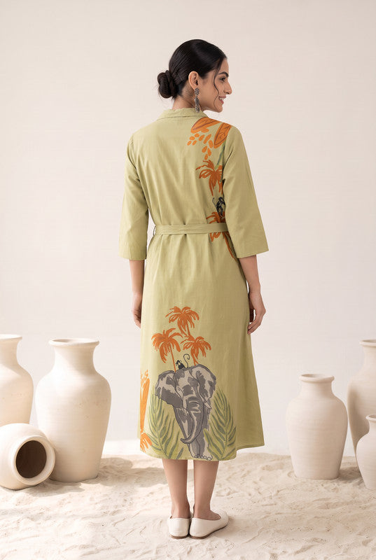 Olive Green Printed Cotton Flex Dress