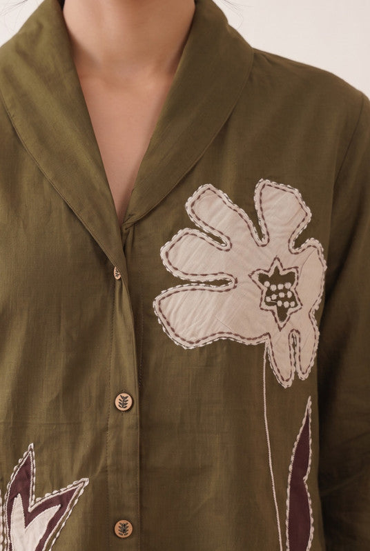 Olive Green Cotton Flex Floral Embroidered Shirt Tunic