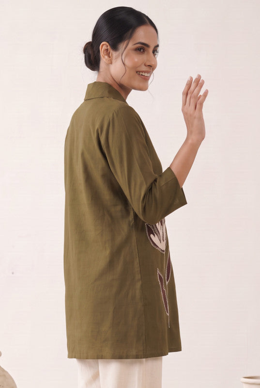 Olive Green Cotton Flex Floral Embroidered Shirt Tunic