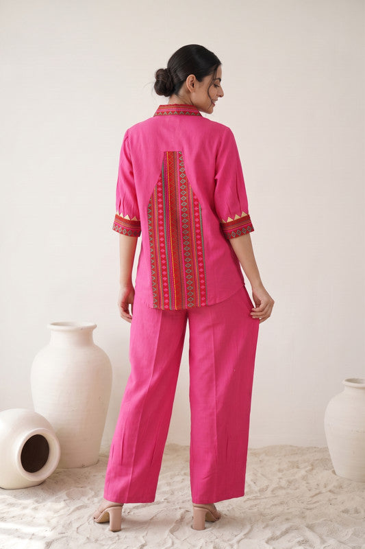 Solid Pink Cotton Flex Shirt Style Co-Ord Set