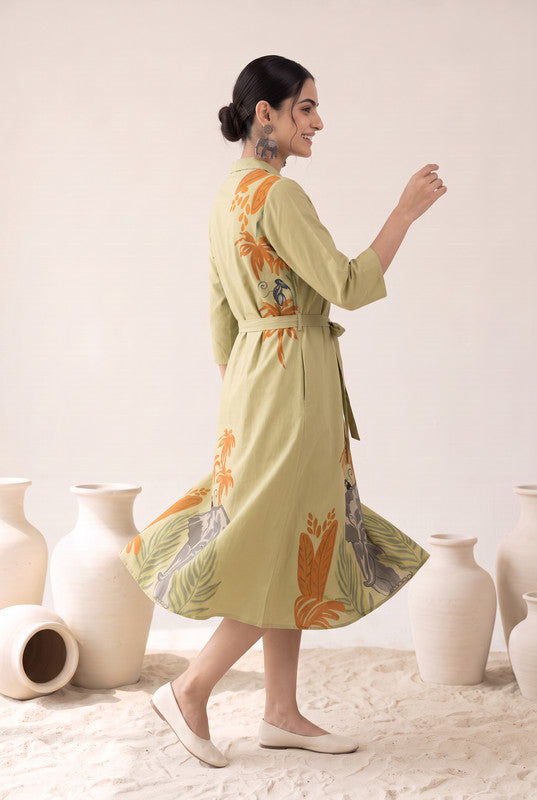 Olive Green Printed Cotton Flex Dress