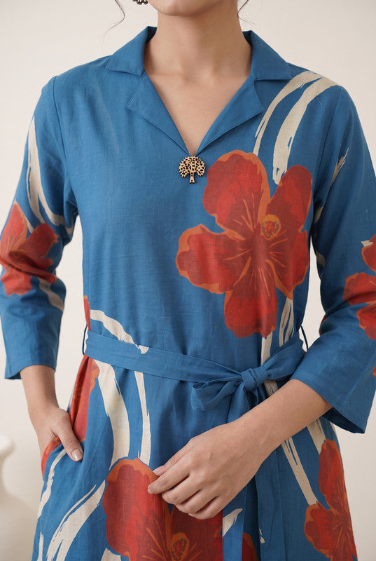 Azure Blue Floral Printed Cotton Flex Dress