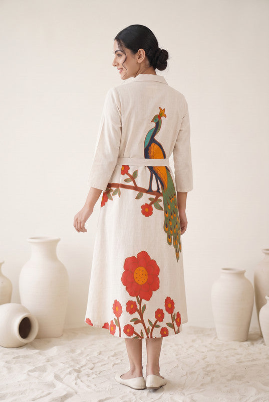 Ivory Off White Cotton Flex Peacock Print Dress