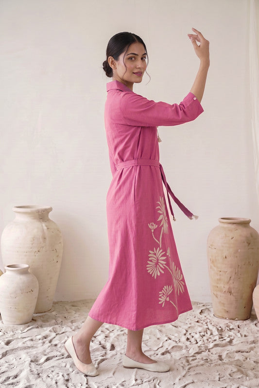 Rose Pink Cotton Flex Floral Embroidered A-Line Dress