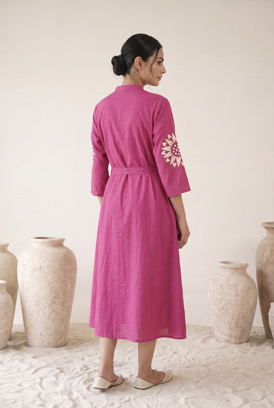 Berry Pink Cotton Floral Embroidered Fit & Flare Dress