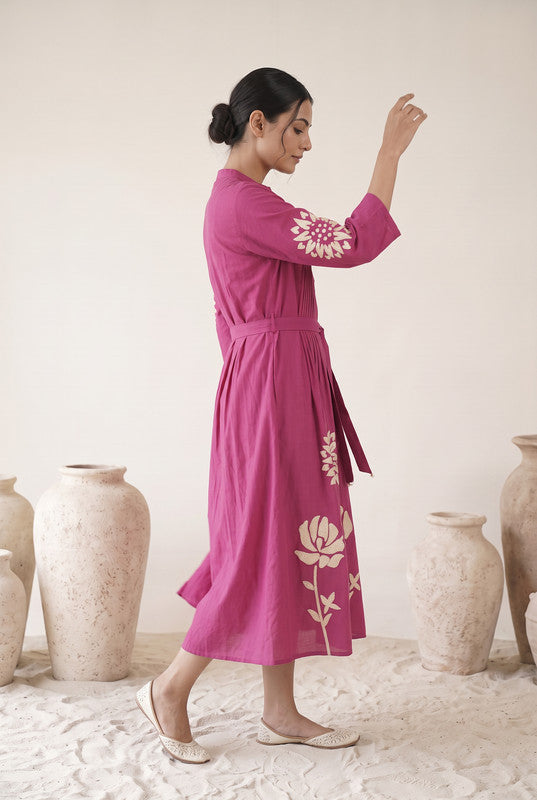 Berry Pink Cotton Floral Embroidered Fit & Flare Dress