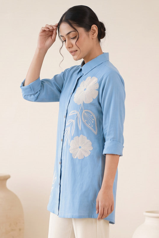 Powder Blue Cotton Flex Floral Embroidered Shirt Tunic