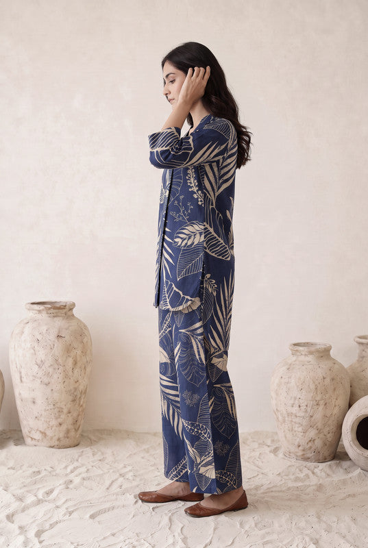 Navy Blue Floral Cotton Flex Co-Ord Set