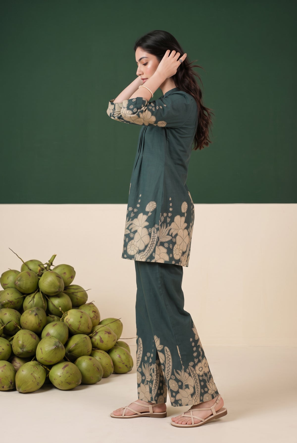 Teal Green Floral Statement Printed Cotton Co-ord Set