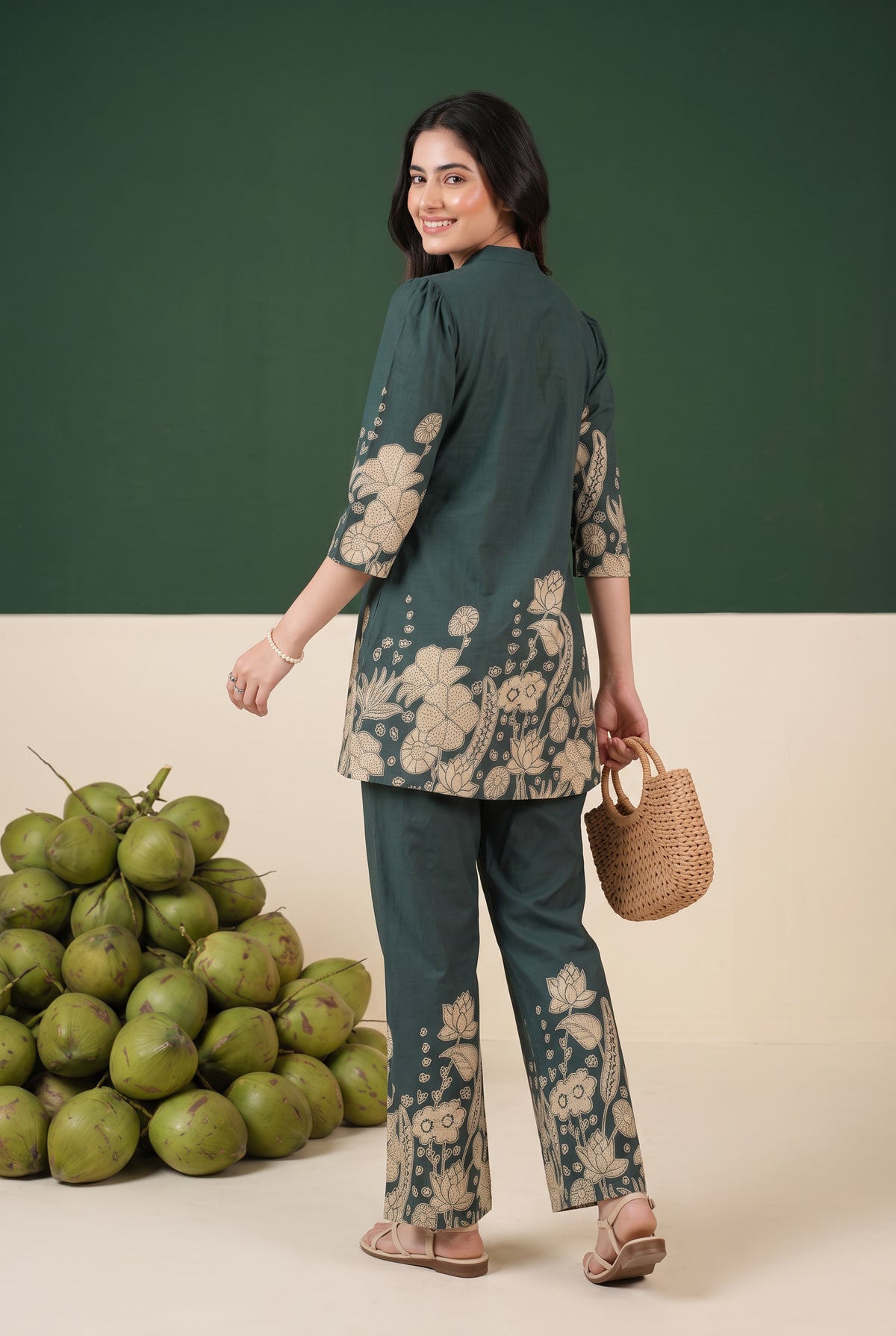 Teal Green Floral Statement Printed Cotton Co-ord Set