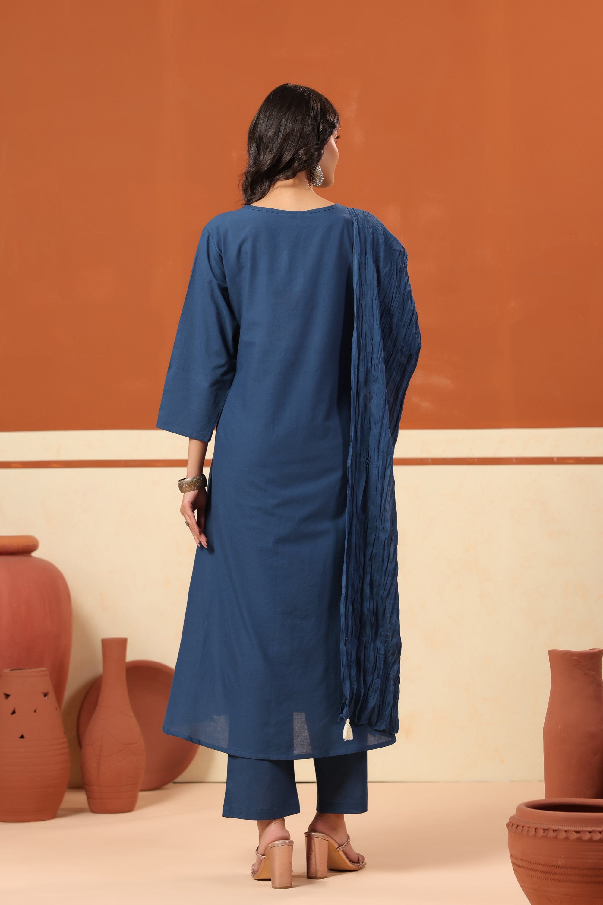 Navy Blue Bird Nature-Inspired Cotton Straight Kurta Set with Crushed Dupatta