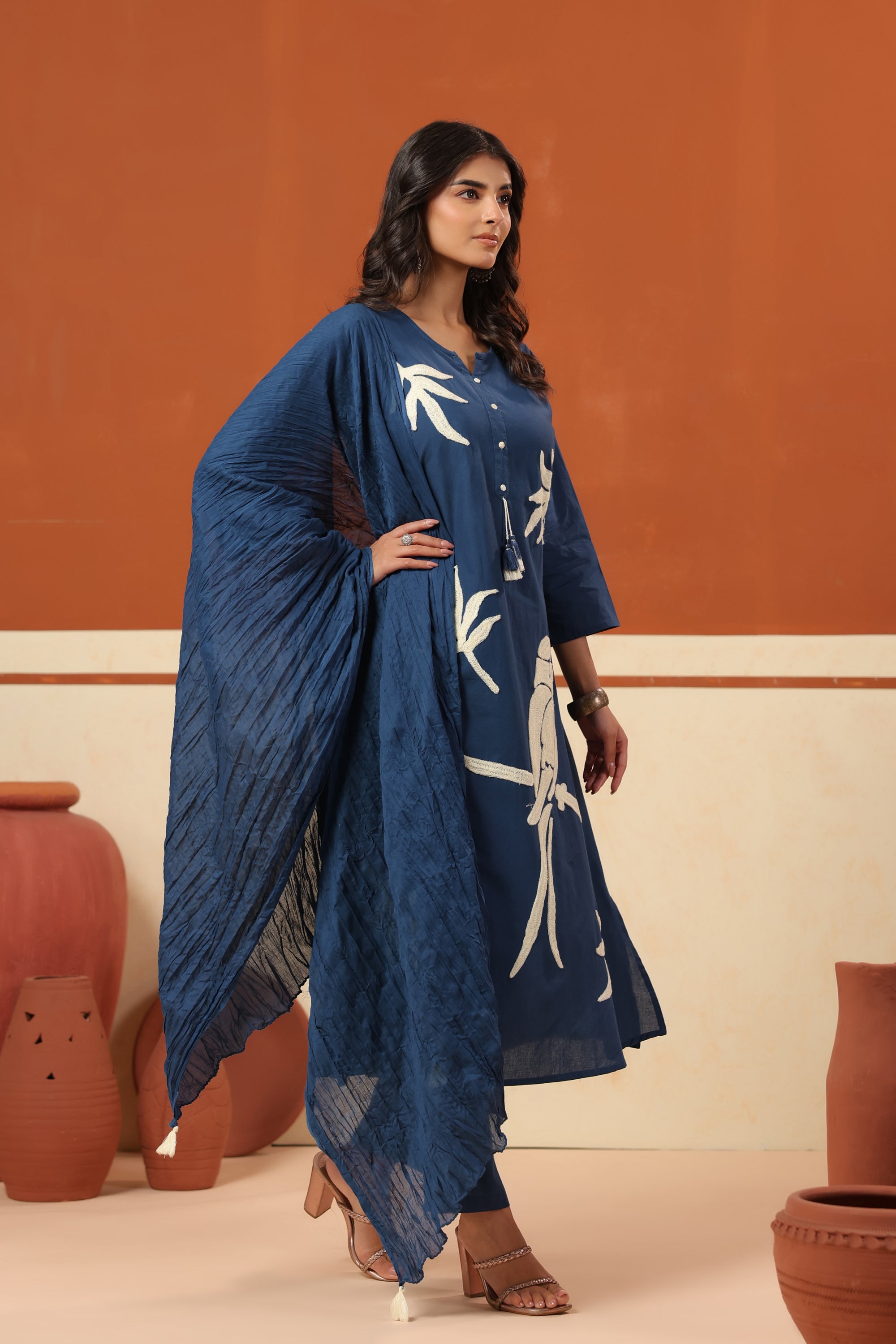 Navy Blue Bird Nature-Inspired Cotton Straight Kurta Set with Crushed Dupatta