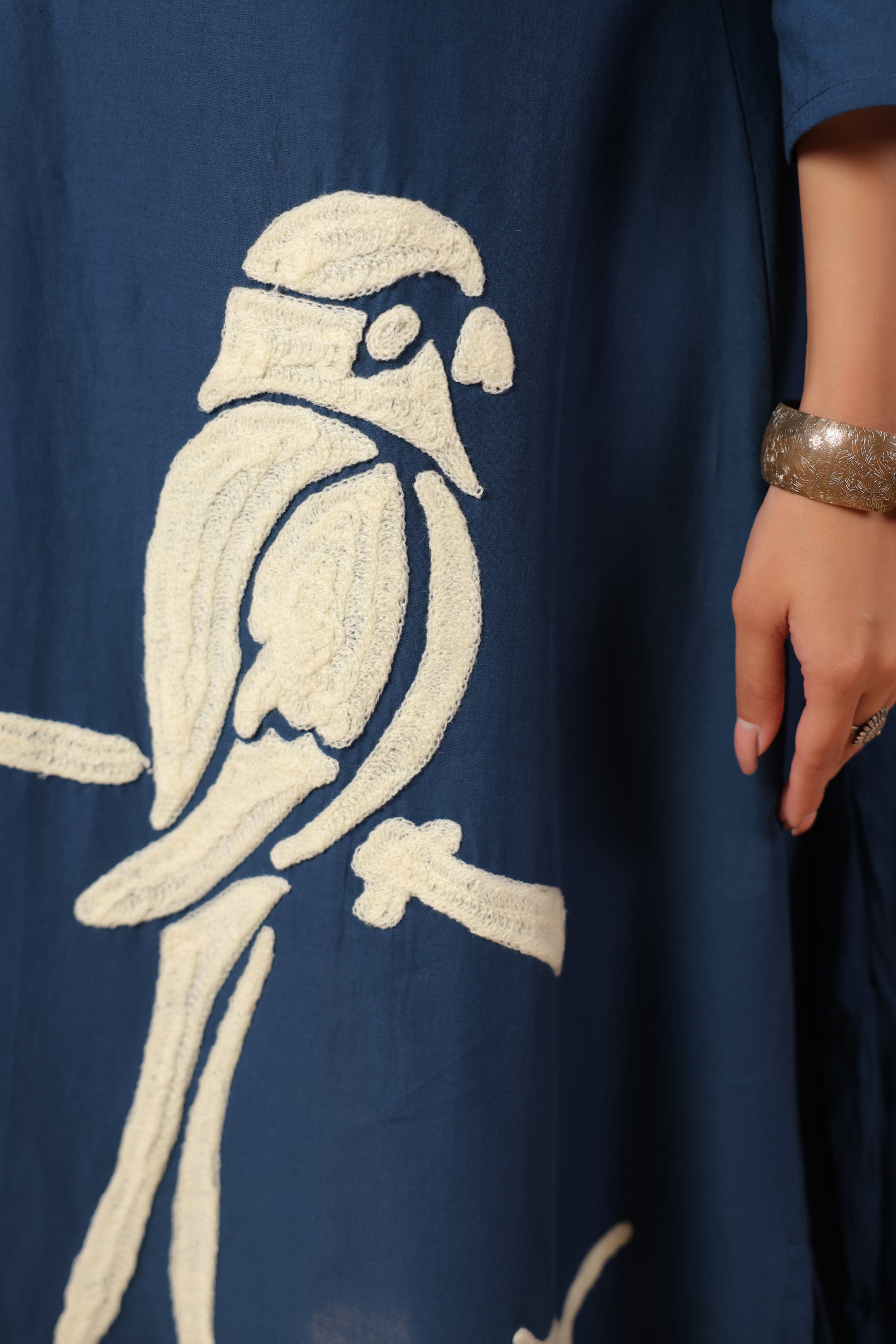 Navy Blue Bird Nature-Inspired Cotton Straight Kurta Set with Crushed Dupatta