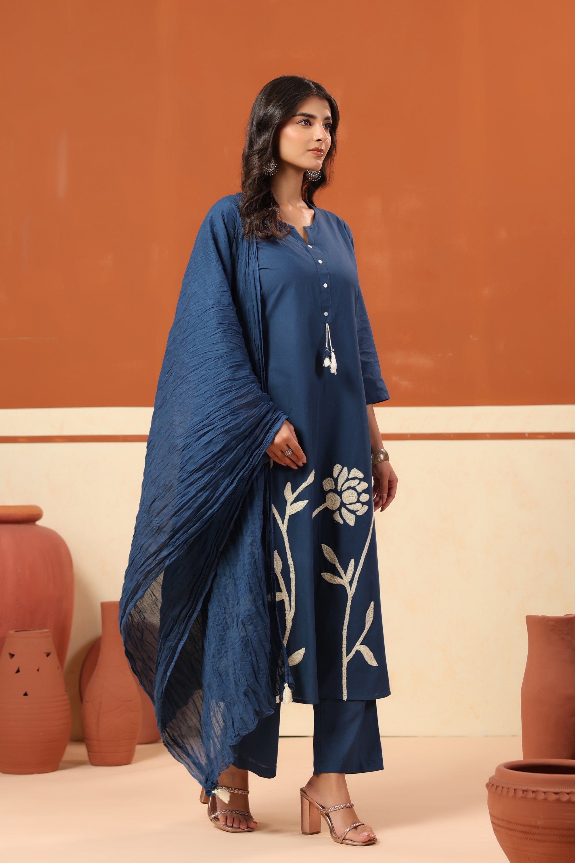 Blue Placement Floral Embroidery Cotton Kurta Set with Dupatta