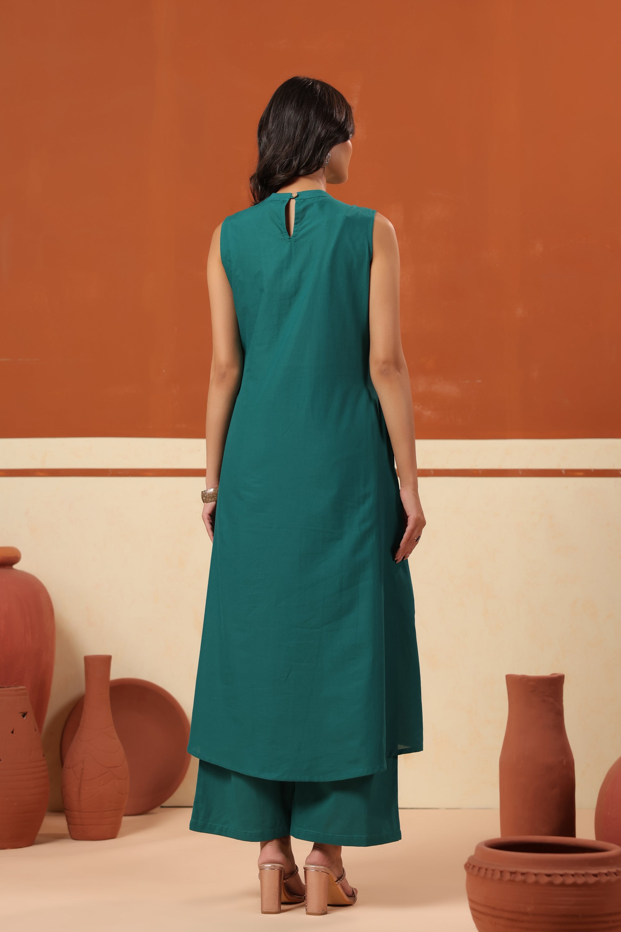 Green Floral Embroidered A-Line Top Palazzo Cotton Co-ord Set