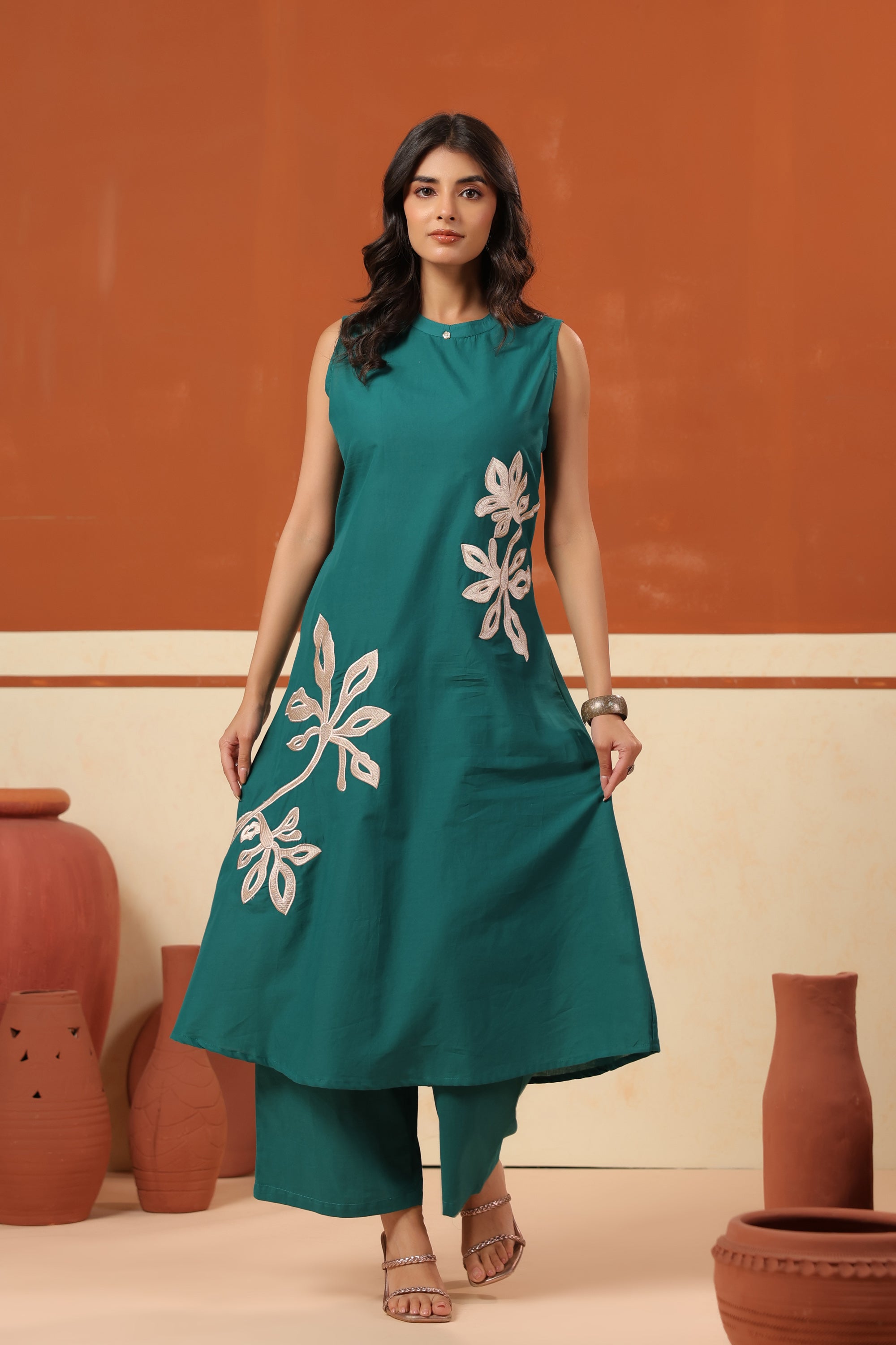 Green Floral Embroidered A-Line Top Palazzo Cotton Co-ord Set