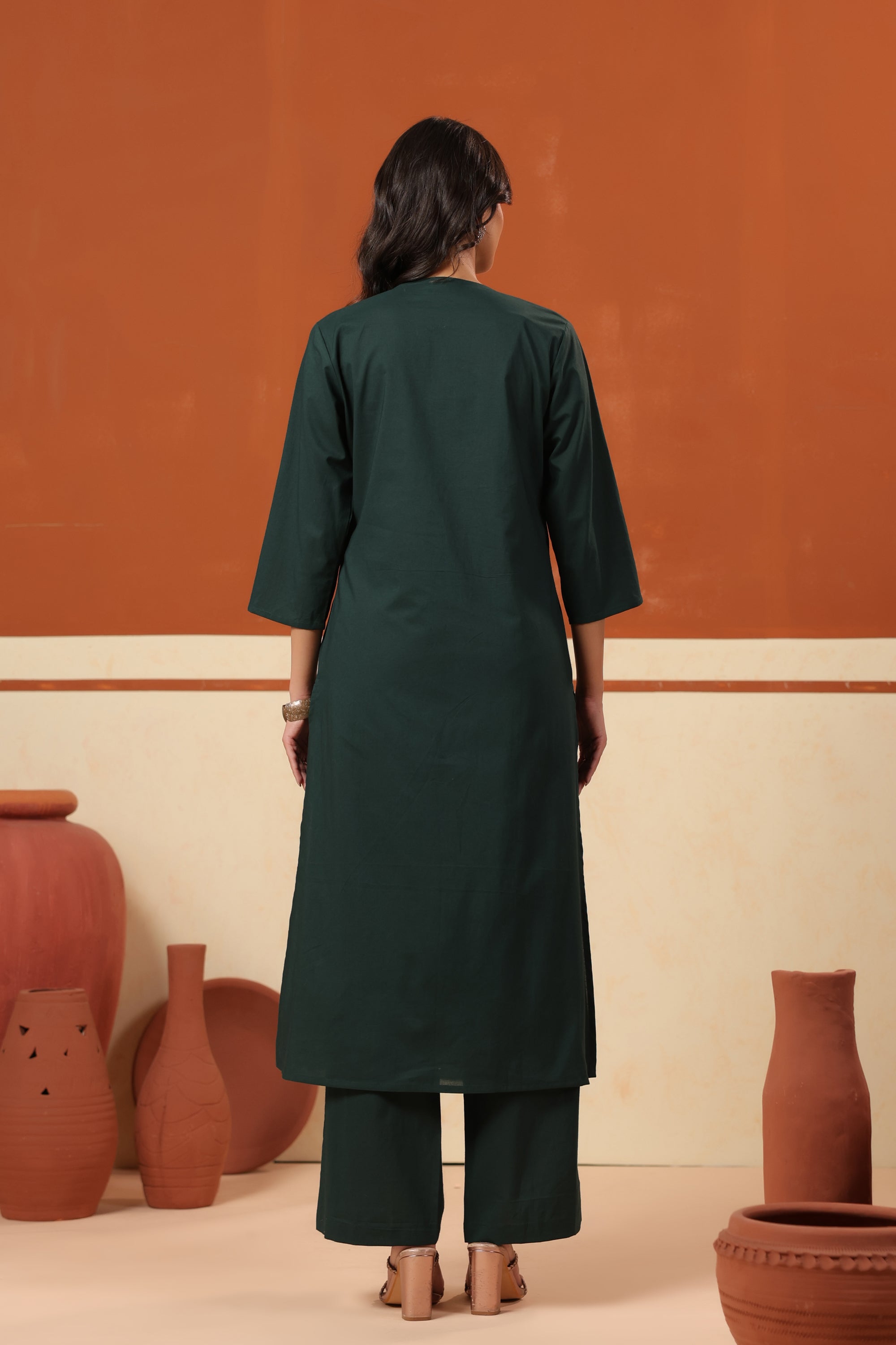 Green Cotton Solid Pleated Yoke V-Neck Kurta Pant Set