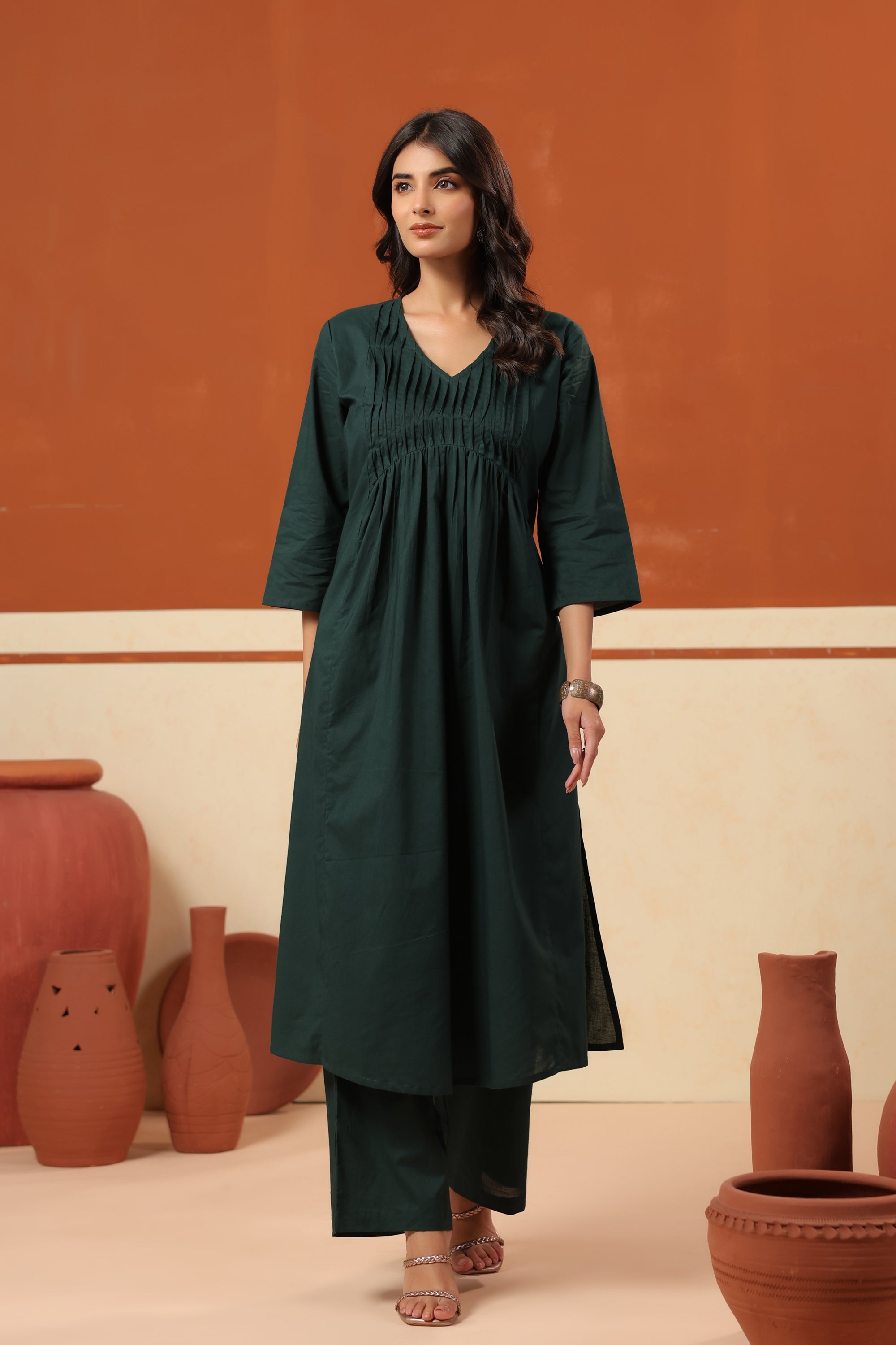 Green Cotton Solid Pleated Yoke V-Neck Kurta Pant Set