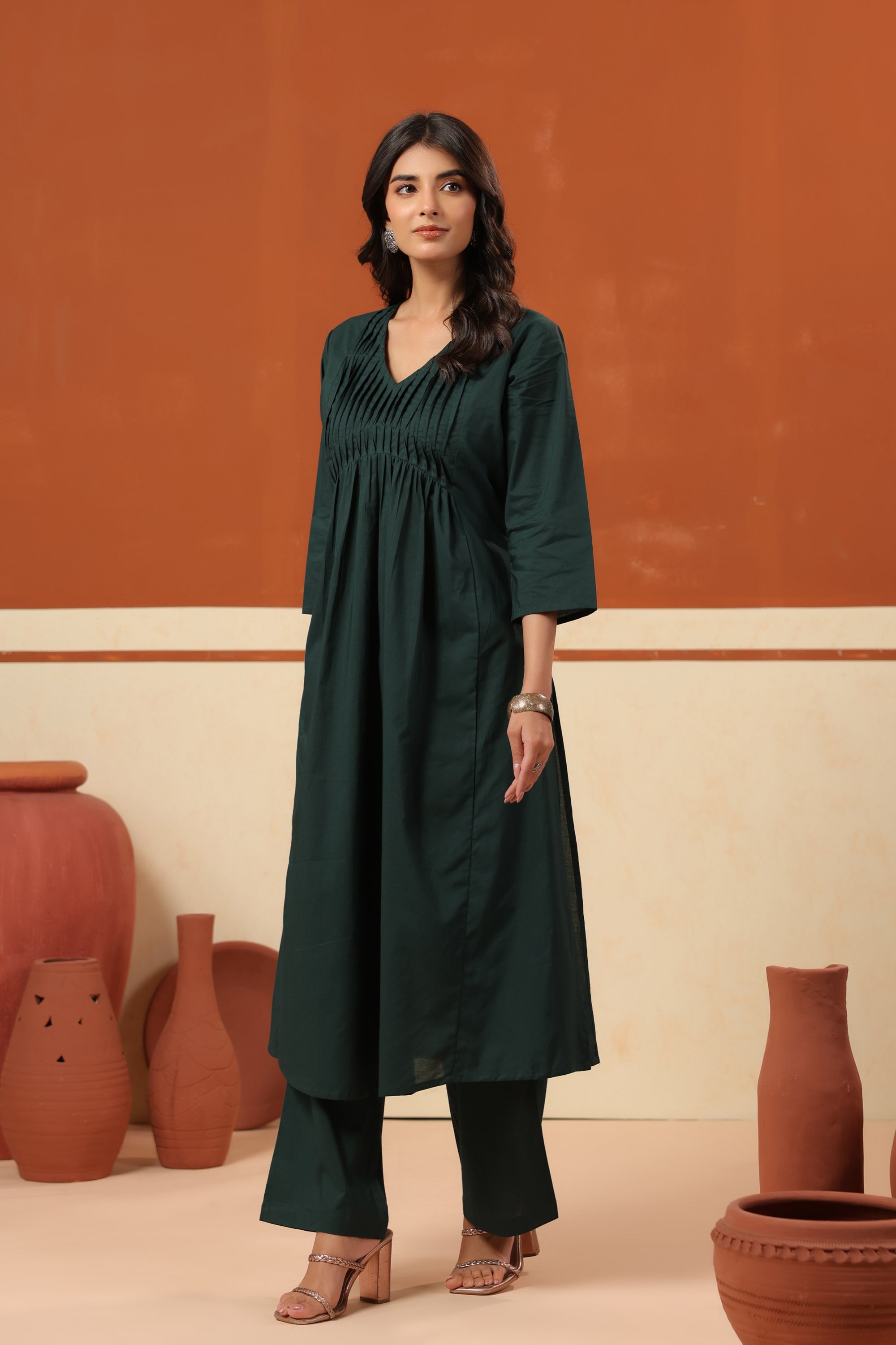 Green Cotton Solid Pleated Yoke V-Neck Kurta Pant Set